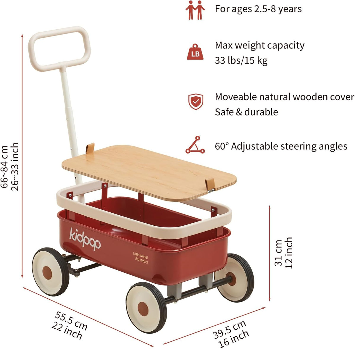kidpop PULA-Wild 3-in-1 Kids' Pull-Along Wagon Toddlers Push Walker for 2.5-8, Removable Wooden
