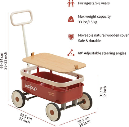 kidpop PULA-Wild 3-in-1 Kids' Pull-Along Wagon Toddlers Push Walker for 2.5-8, Removable Wooden