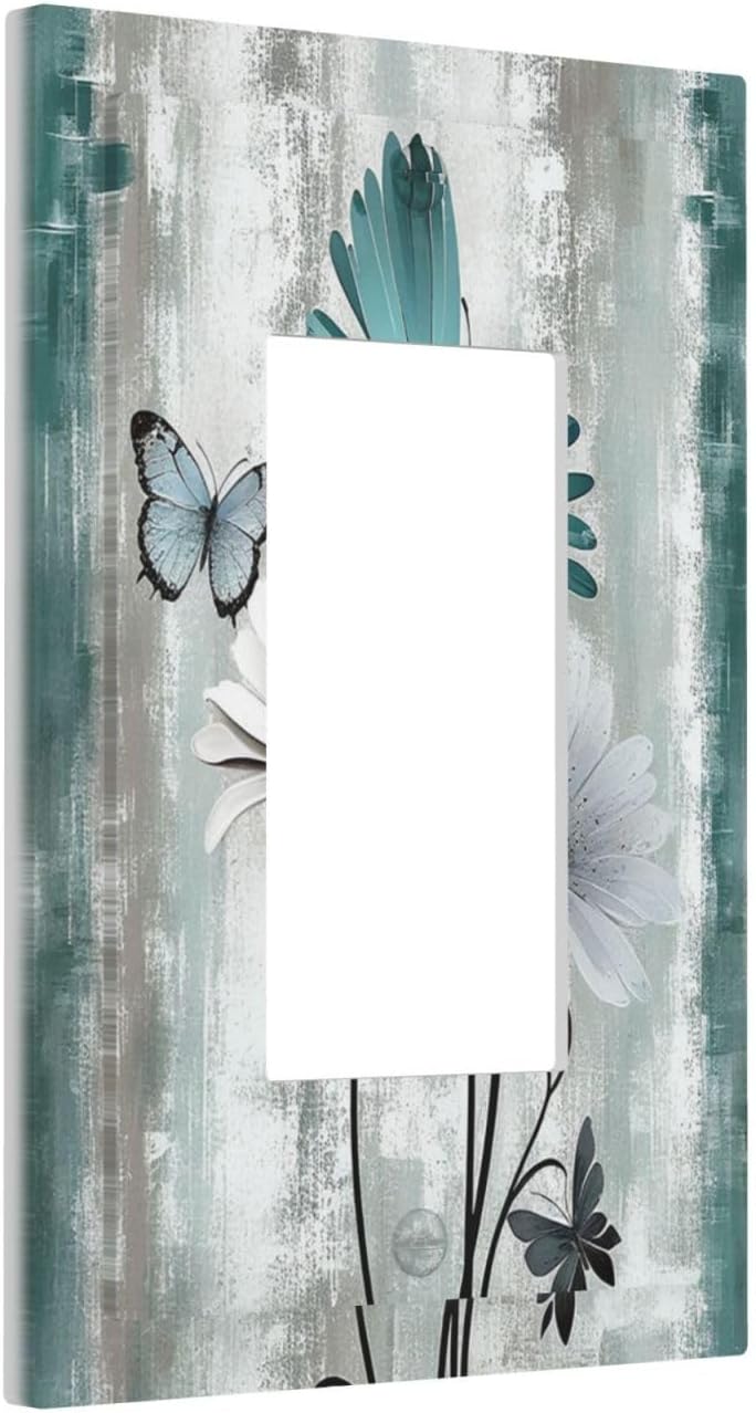 Decorative Outlet Covers Rustic Teal Daisy Floral Flowers Butterfly Wood Grain 1 Gang Single Rocker
