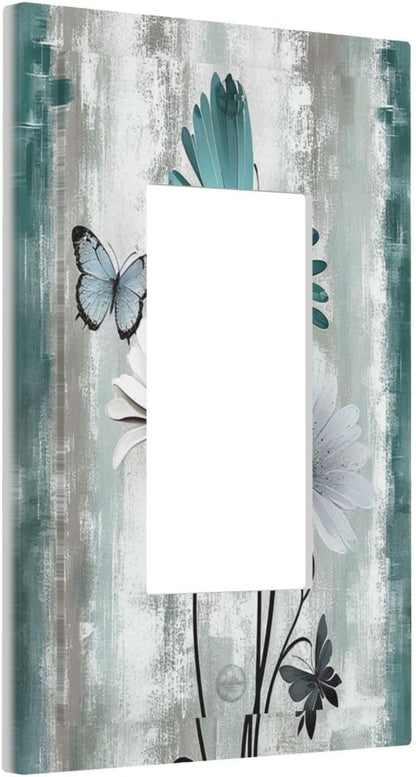 Decorative Outlet Covers Rustic Teal Daisy Floral Flowers Butterfly Wood Grain 1 Gang Single Rocker