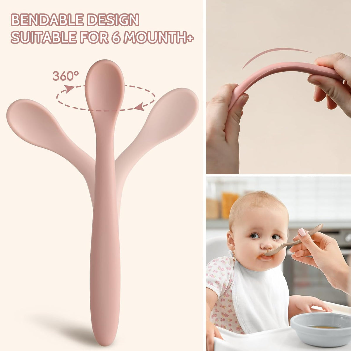 Silicone Baby Feeding Spoons, Training Spoon Self-feeding, First Stage Infant Soft-Tip Easy on