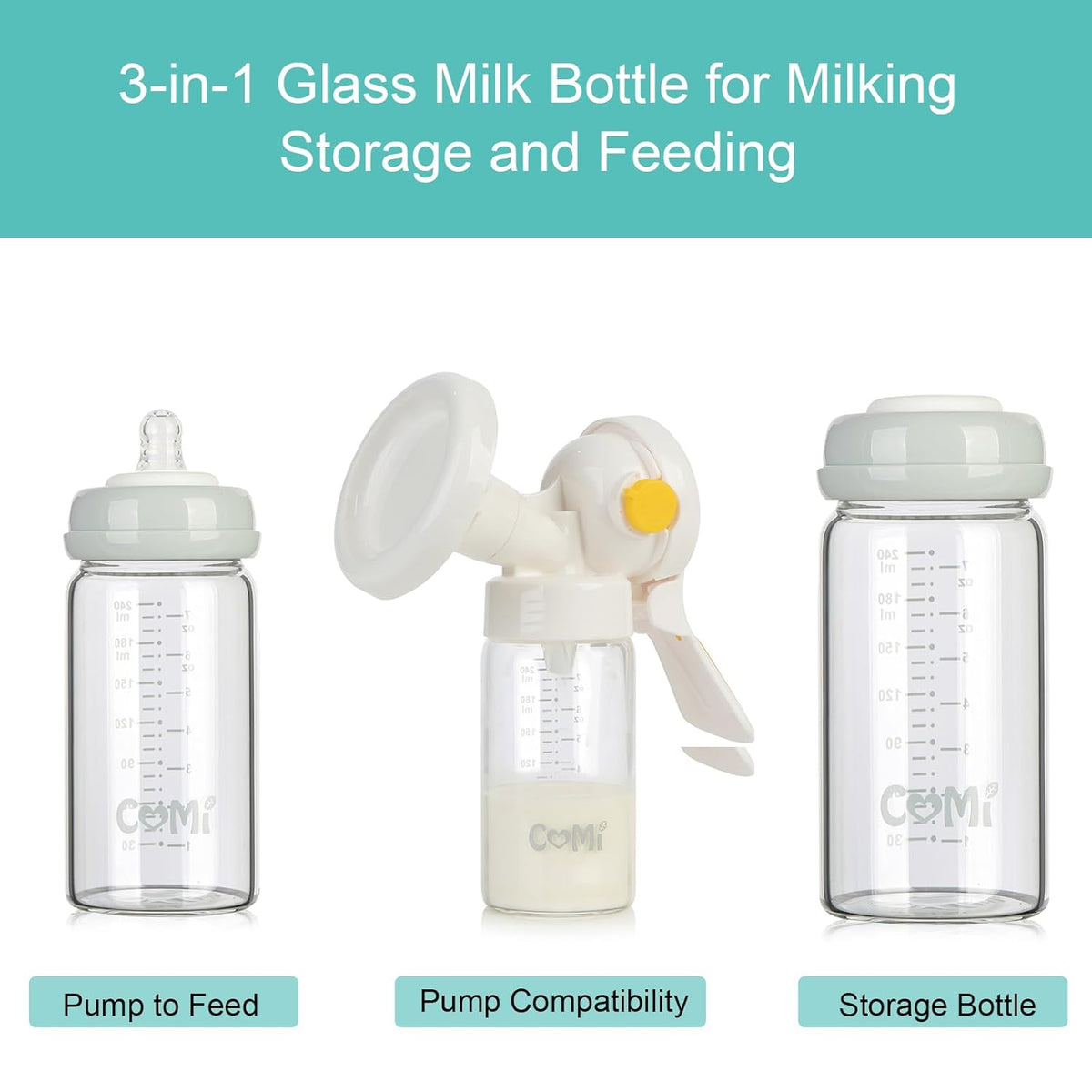 COMI Wide Neck Glass Breastmilk Collection n Storage Bottle, 6 Packs, 8oz with Screw Ring Sealing