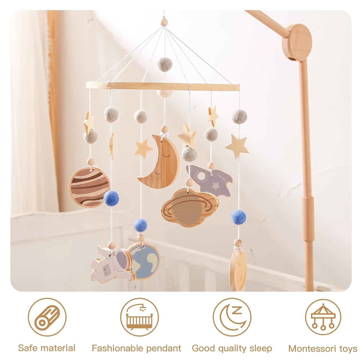 Space Nursery Mobile - Wooden Baby Mobile - Solar System Crib Mobile Astronaut Space Theme Nursery