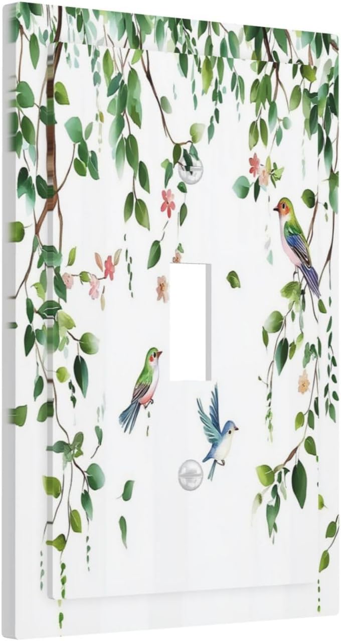 Decorative Light Switch Cover Green Leaves Bird Eucalyptus Sage Plant 1 Gang Single Toggle Device