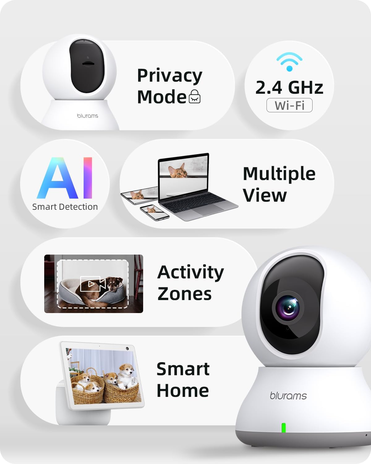 blurams Security Camera 2K, Baby Monitor Dog Camera 360-degree for Home Security (White + 64GB TF