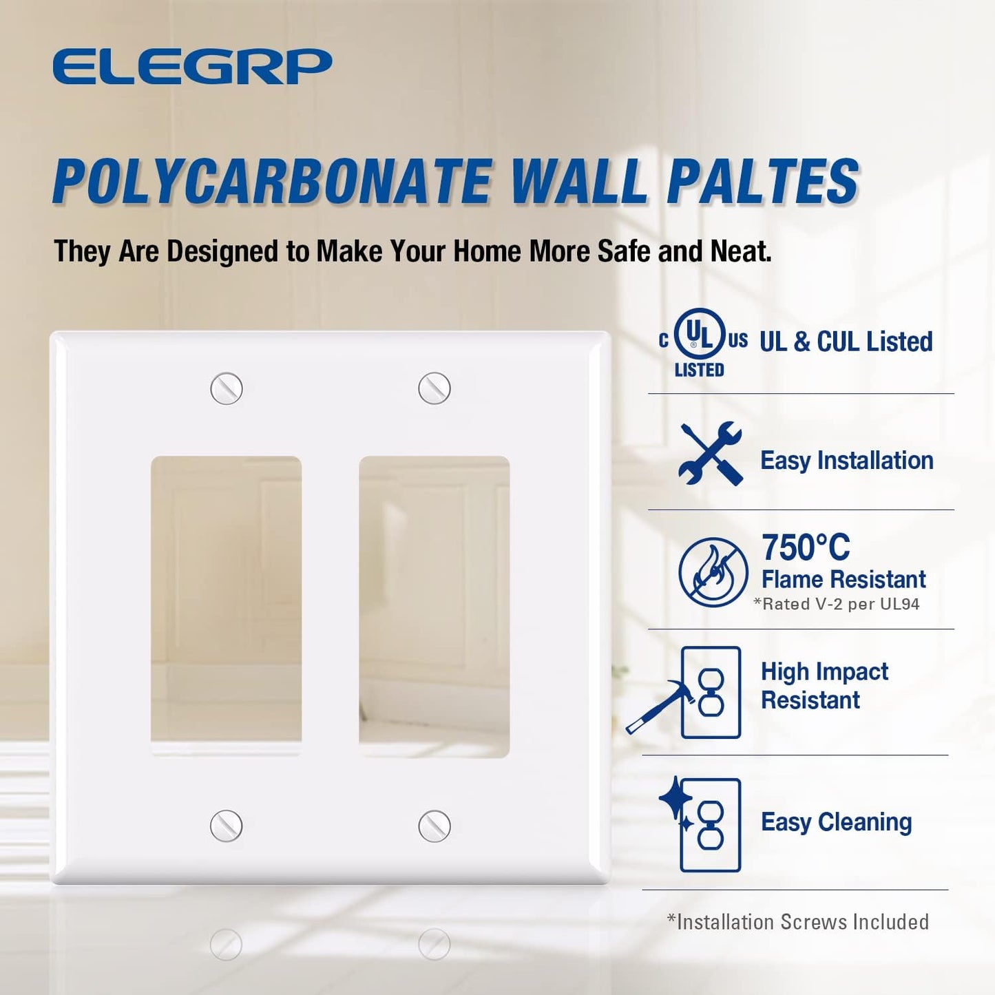ELEGRP 2-Gang Decorative Wall Plates, Mid-Size 4.88" H x 4.94" L Unbreakable Thermoplastic