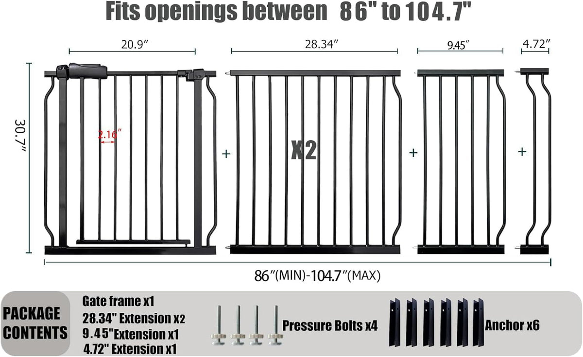 Heavy Duty Baby & Dog Safety Gate 86-104.7 Inch, Black Metal, Pressure Mounted No Drilling Pet Gate