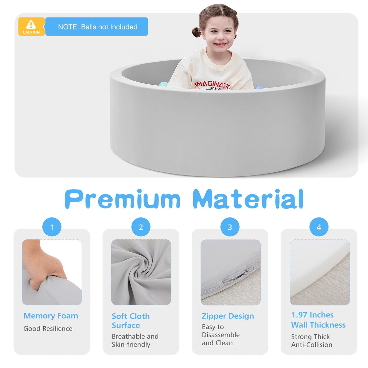 SHJADE Foam Ball Pit, 35.4"x 11.8" Ball Pits for Toddlers-Grey