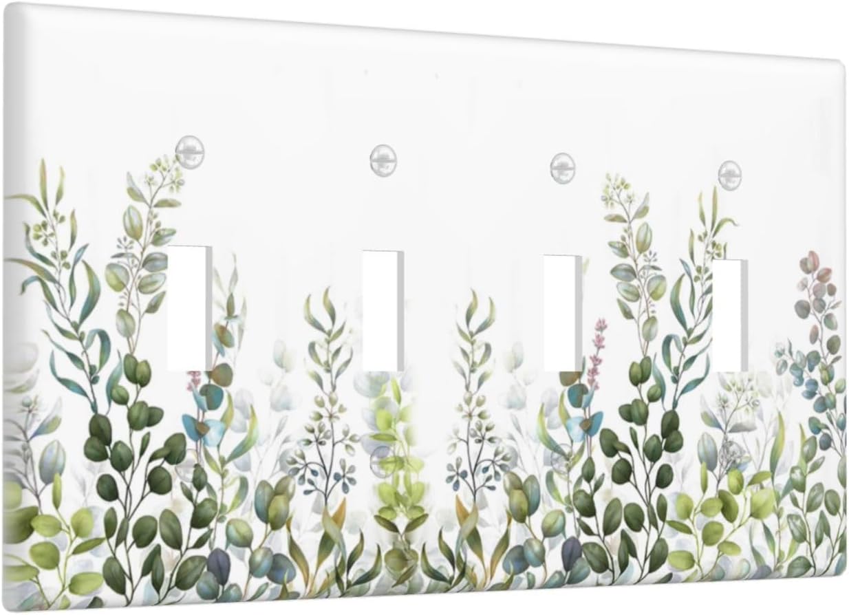 Green Eucalyptus Leaf Plant Herbs Springnature Light Switch Covers Quad Toggle Electrical Faceplate