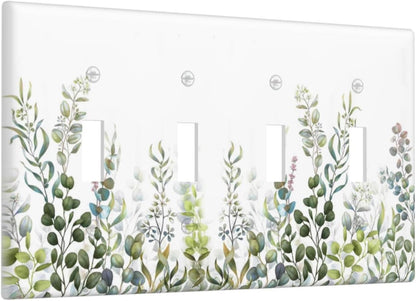 Green Eucalyptus Leaf Plant Herbs Springnature Light Switch Covers Quad Toggle Electrical Faceplate