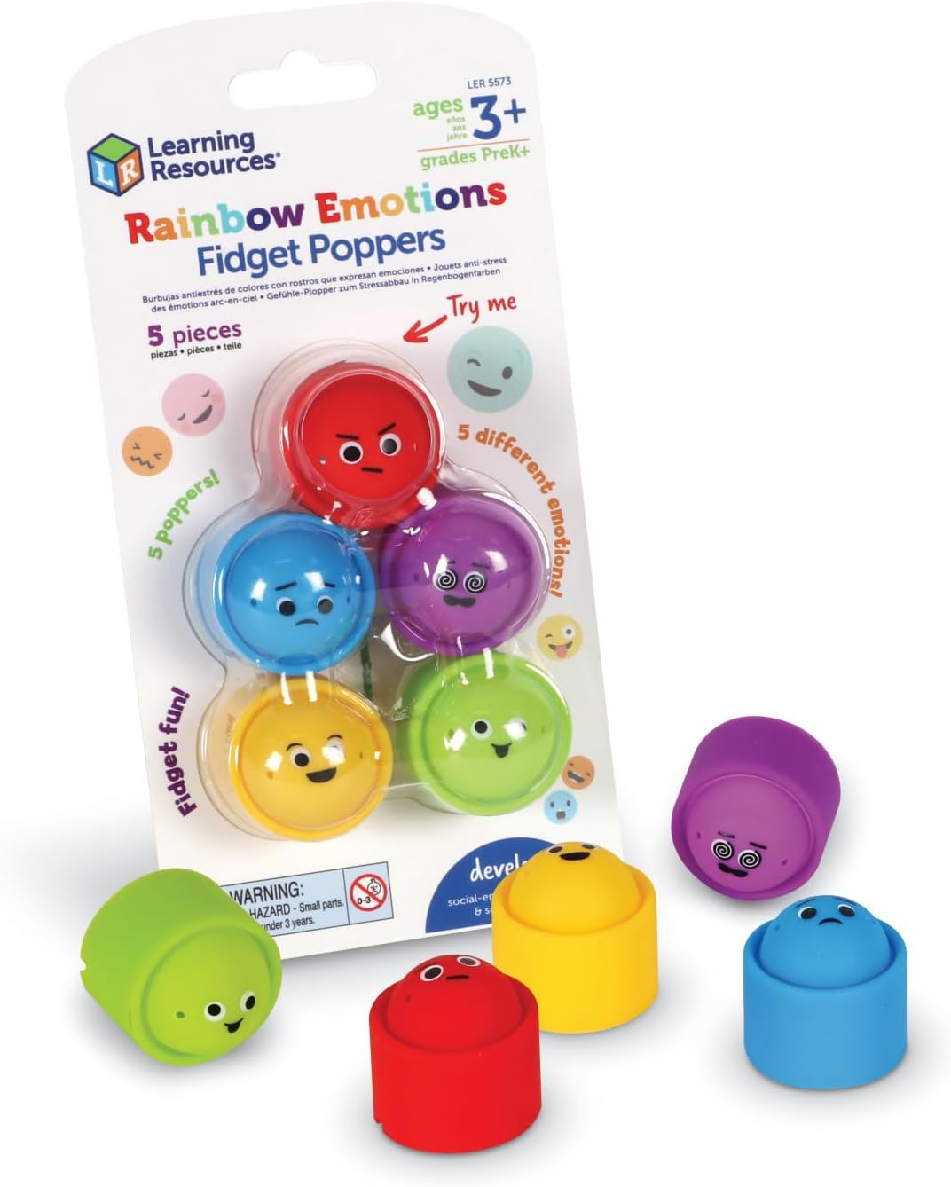 Learning Resources Rainbow Emotion Fidget Poppers, 5 Pieces, Ages 3+, Sensory Toys