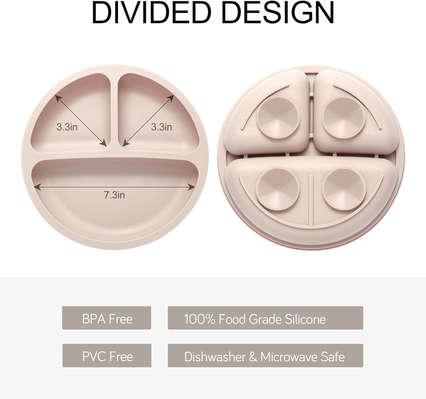 Toddler Plates, 3 Pack Divided Suction Plates for Baby, Food Grade Silicone Baby Plates, BPA Free
