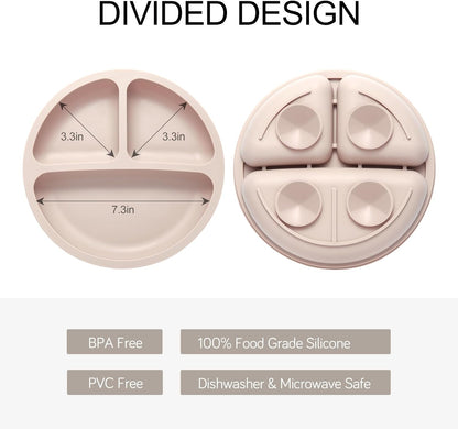 Toddler Plates, 3 Pack Divided Suction Plates for Baby, Food Grade Silicone Baby Plates, BPA Free