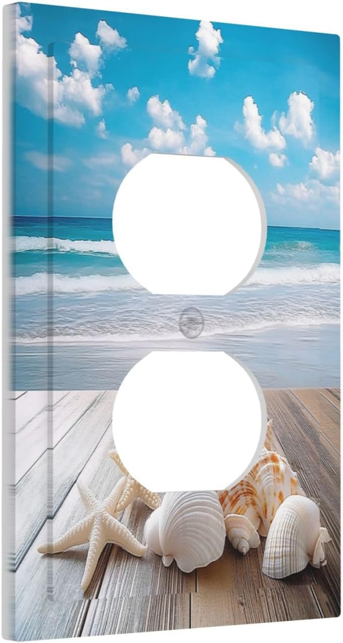 Outlet Covers Beach Waves Brown Wood Starfish Shells 1 Gang Duplex Light Switch Cover Decorative