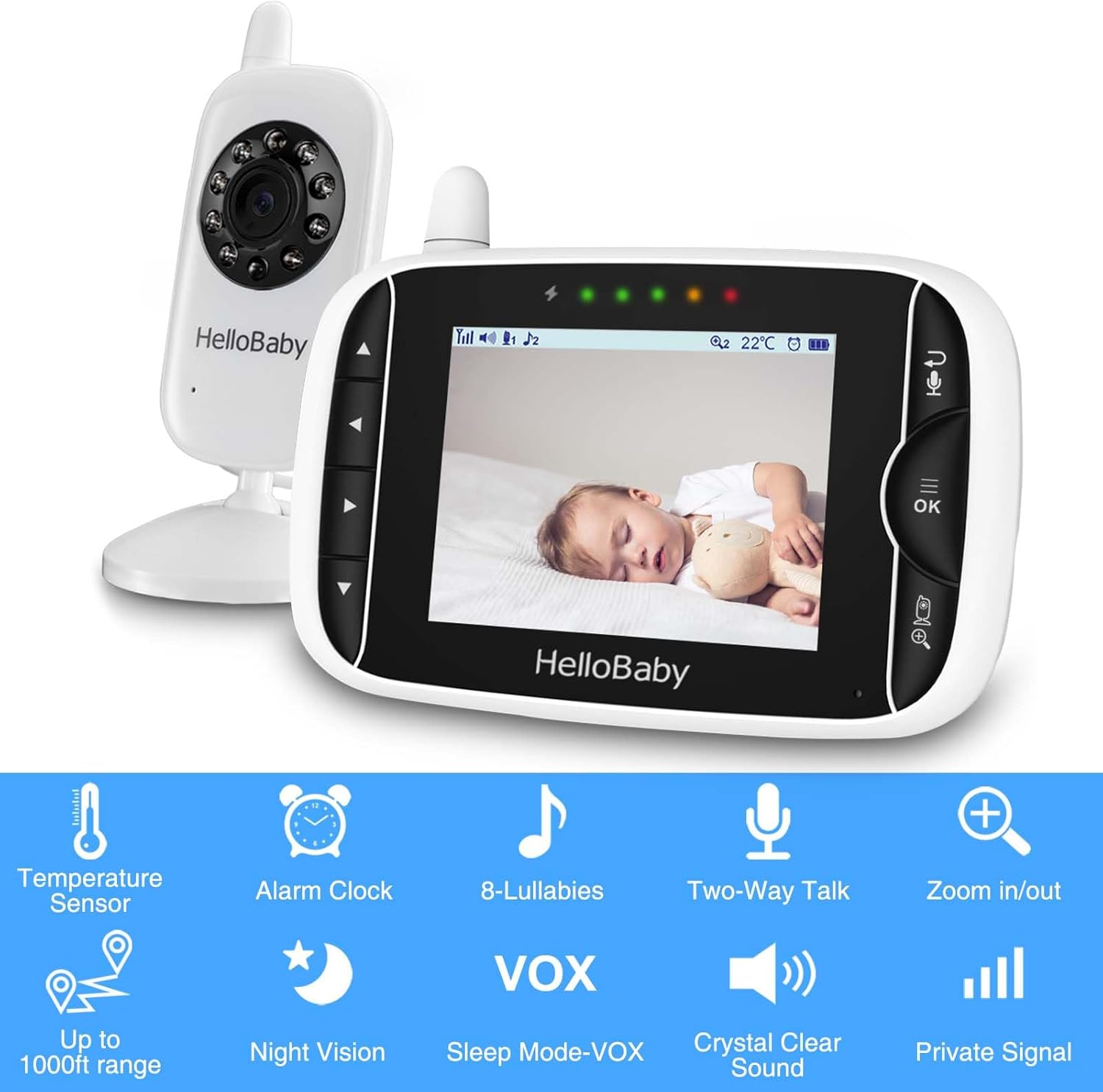 Video Baby Monitor with Camera and Audio, 3.2Inch LCD Display, Infrared Night Vision, Two-Way Audio