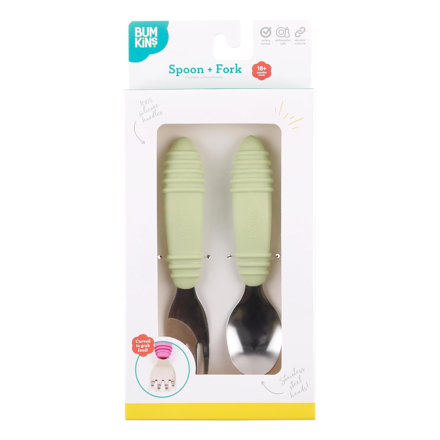Bumkins Toddler Utensils, Kids Size Fork and Spoon Set, Silicone and Stainless-Steel Training