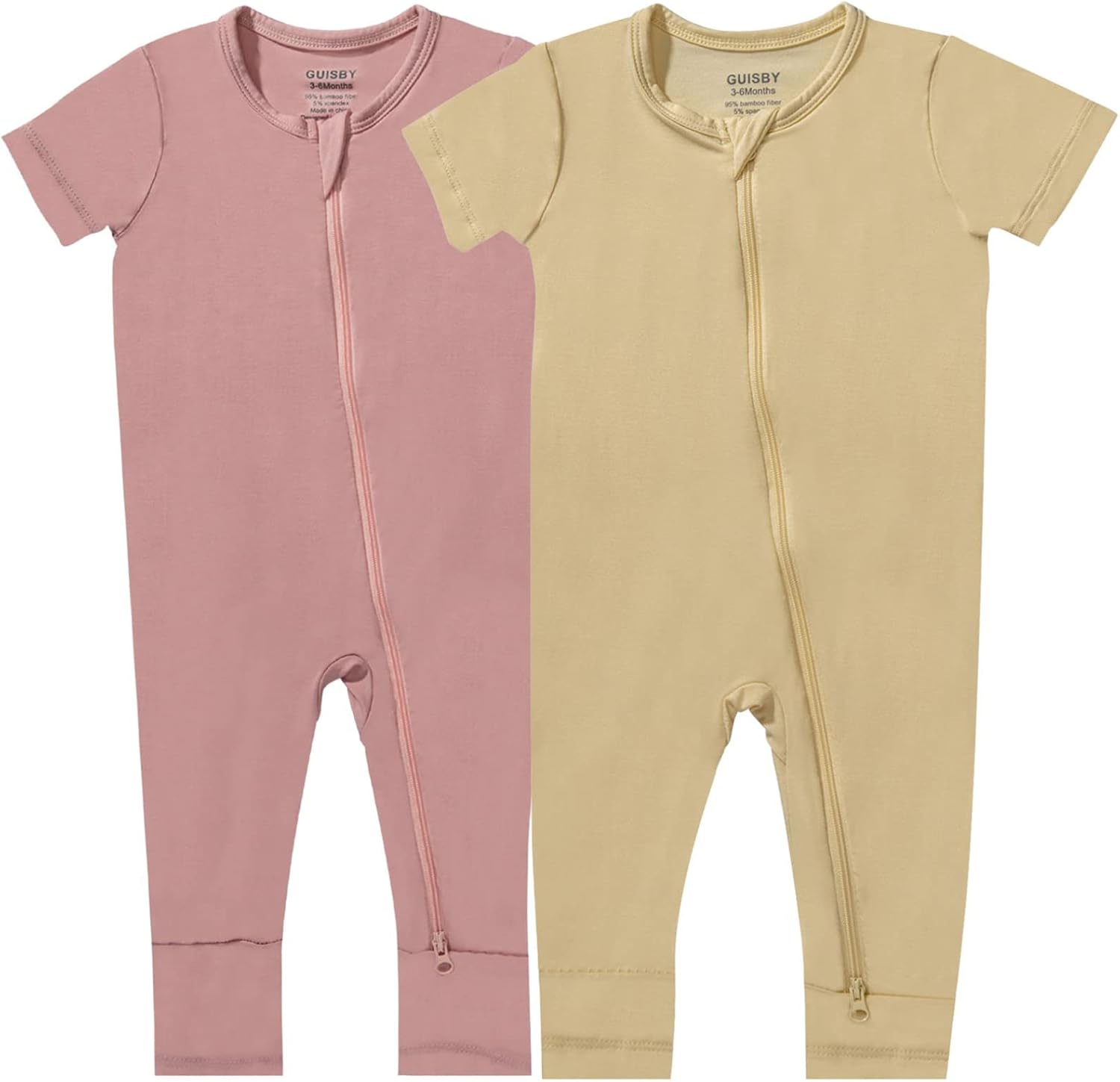 GUISBY Rayon Made from Bamboo Baby Pajamas, Summer Short Sleeve Footless Rompers, 2 Way Zipper