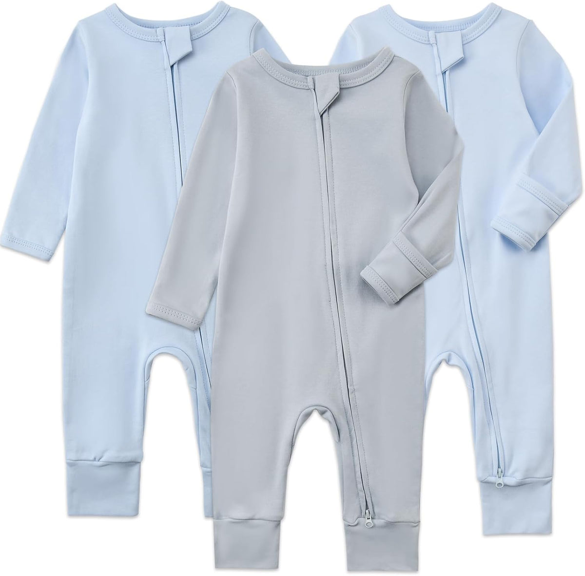 Aablexema 3-Pack Organic Cotton Baby Footless Pajamas with Mitten Cuffs, 2-Way Zipper Romper