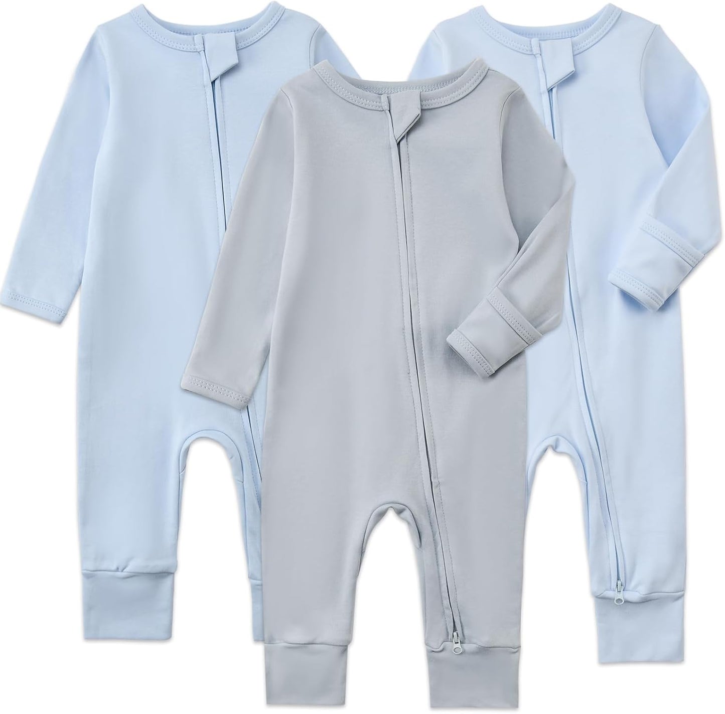 Aablexema 3-Pack Organic Cotton Baby Footless Pajamas with Mitten Cuffs, 2-Way Zipper Romper