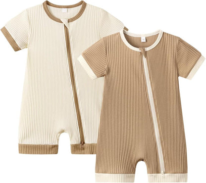 Bafeicao Unisex Baby Boy Girl 2 Pack Rompers Short Sleeve 2 Way Zipper One Piece Jumpsuits Clothes