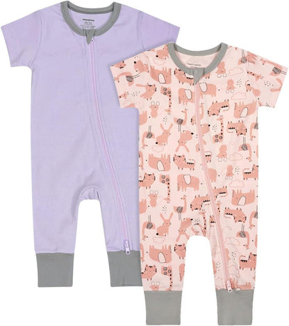 Teach Leanbh Baby Boys Girls 2 Pack 2 Way Zipper Footless Pajamas Cotton Short Sleeve Printing