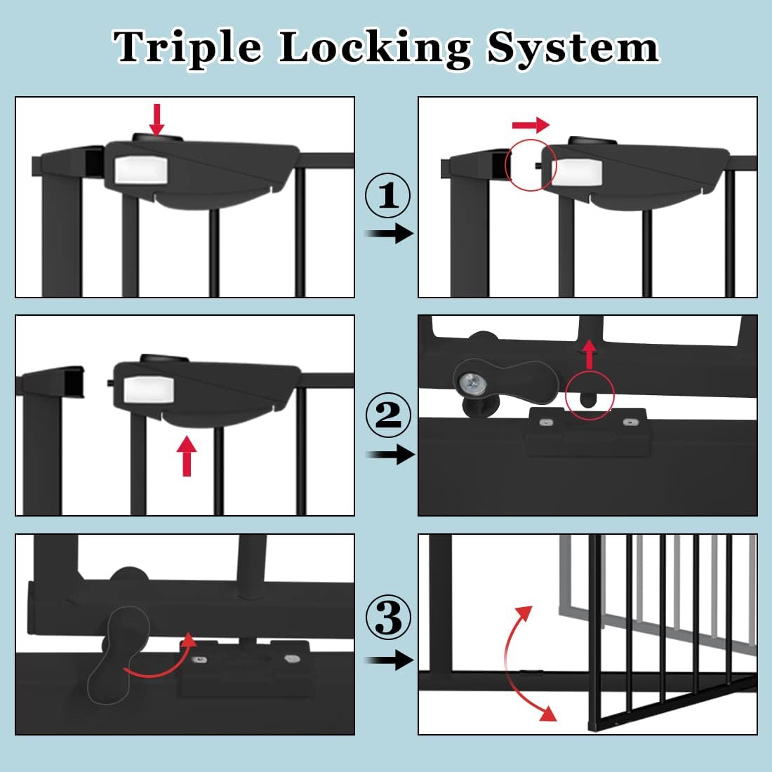 WAOWAO Triple Lock Baby Gate Extra Wide 81.49-86.22" Pressure Mounted Walk Through Swing Auto Close