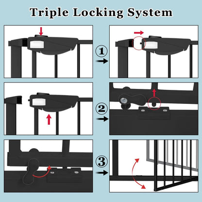 WAOWAO Triple Lock Baby Gate Extra Wide 81.49-86.22" Pressure Mounted Walk Through Swing Auto Close