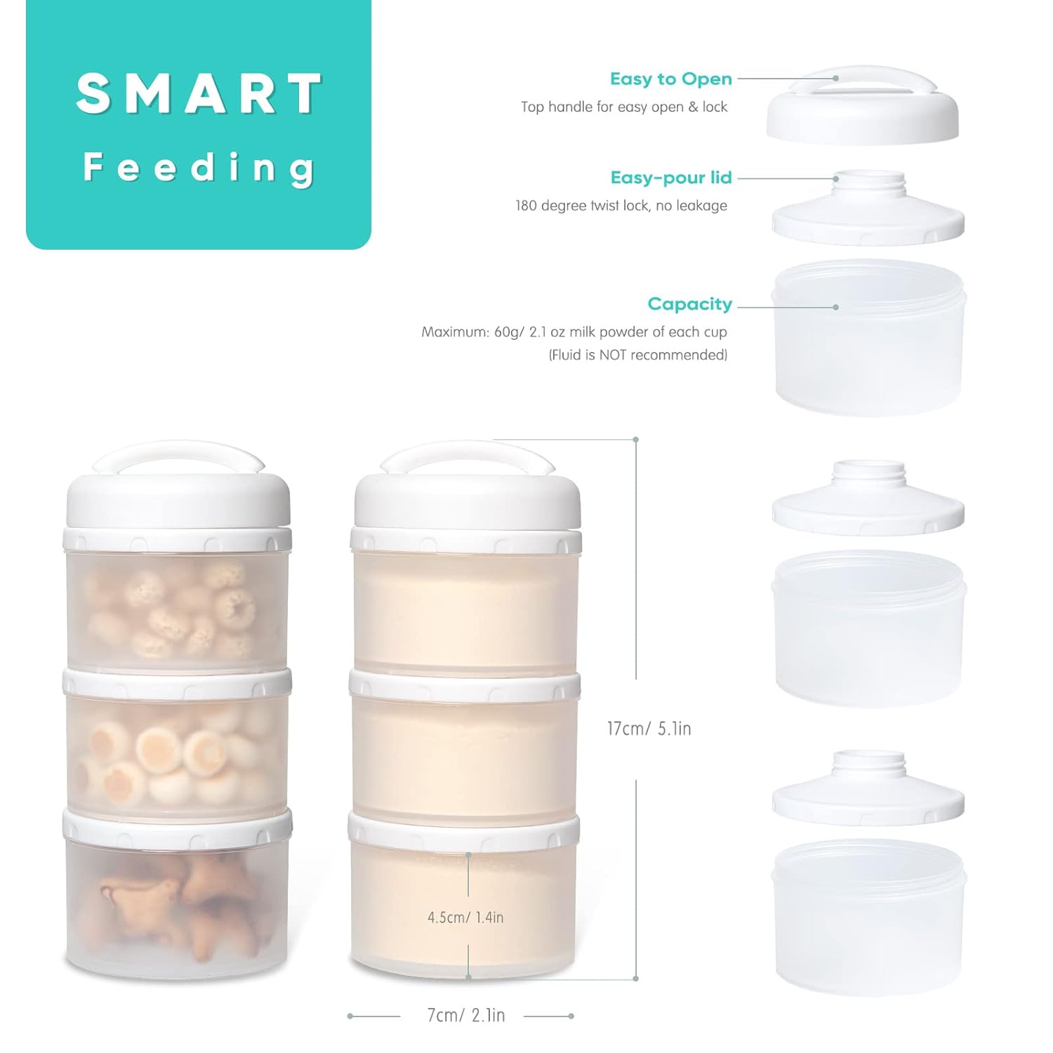 Termichy Stackable Formula Dispenser Portable Milk Powder Container, 2 Pack, White