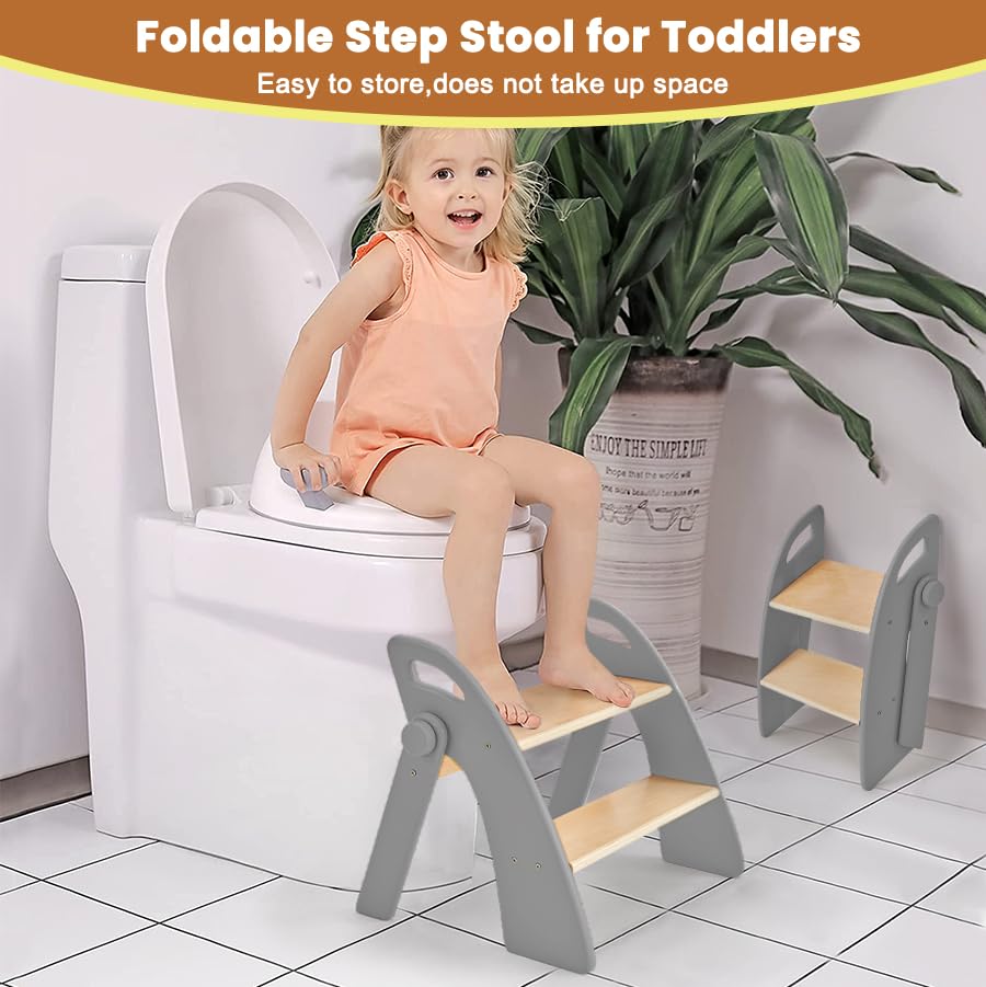 Reeple Wooden 2 Step Stool for Toddlers, Foldable 2-Step with Non-Slip Pads and Handles, Bamboo