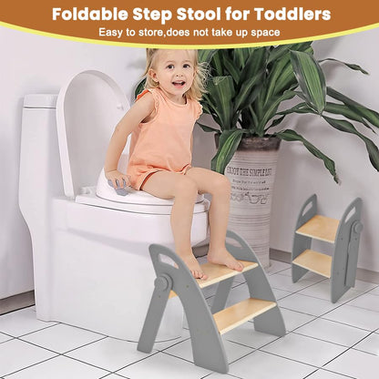 Reeple Wooden 2 Step Stool for Toddlers, Foldable 2-Step with Non-Slip Pads and Handles, Bamboo