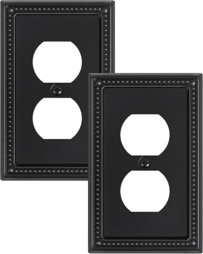2-Pack Duplex Outlet Cover, Black Metal Wall Plates for Electrical Outlets, 1 Gang Receptacle Light