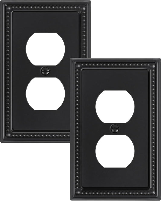 2-Pack Duplex Outlet Cover, Black Metal Wall Plates for Electrical Outlets, 1 Gang Receptacle Light