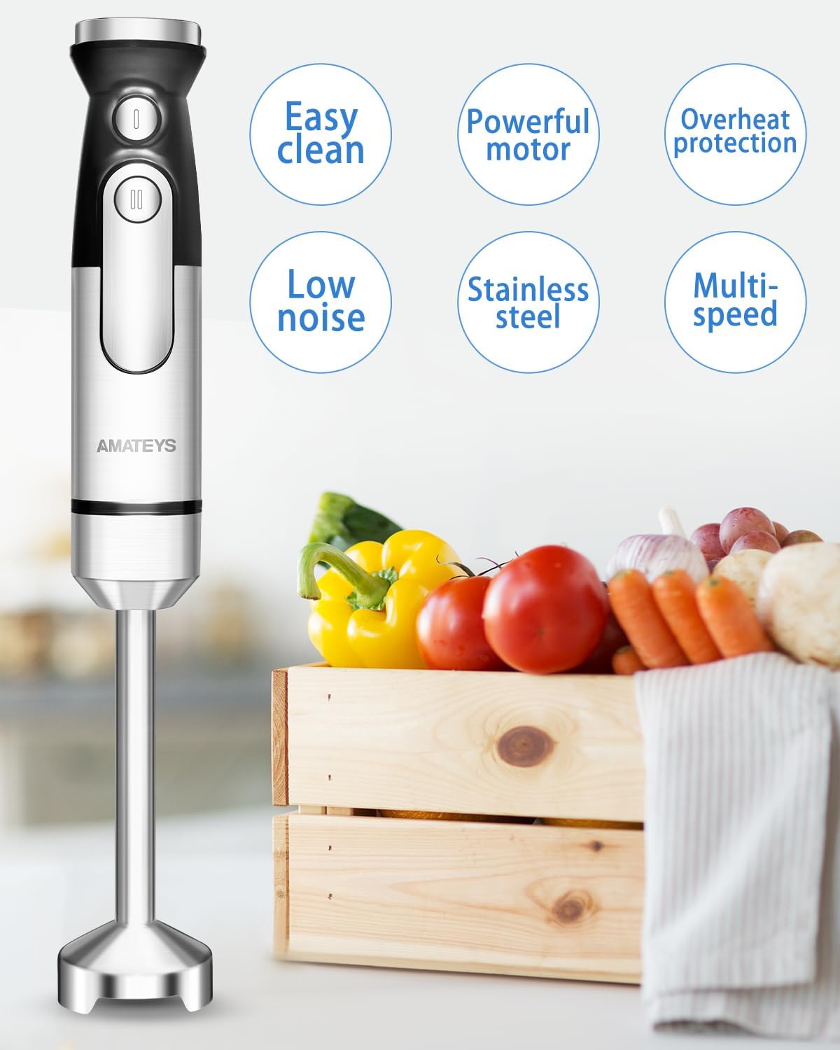 Handblender with Plug,Immersion Blender Handheld, Heavy-Duty Copper Motor, Detachable Stainless