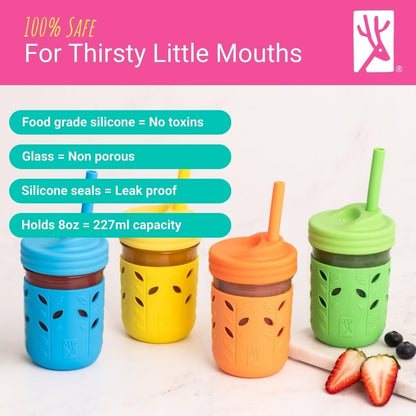Elk and Friends Kids & Toddler Cups | The Original Glass Mason jars 8 oz with Silicone Straws with