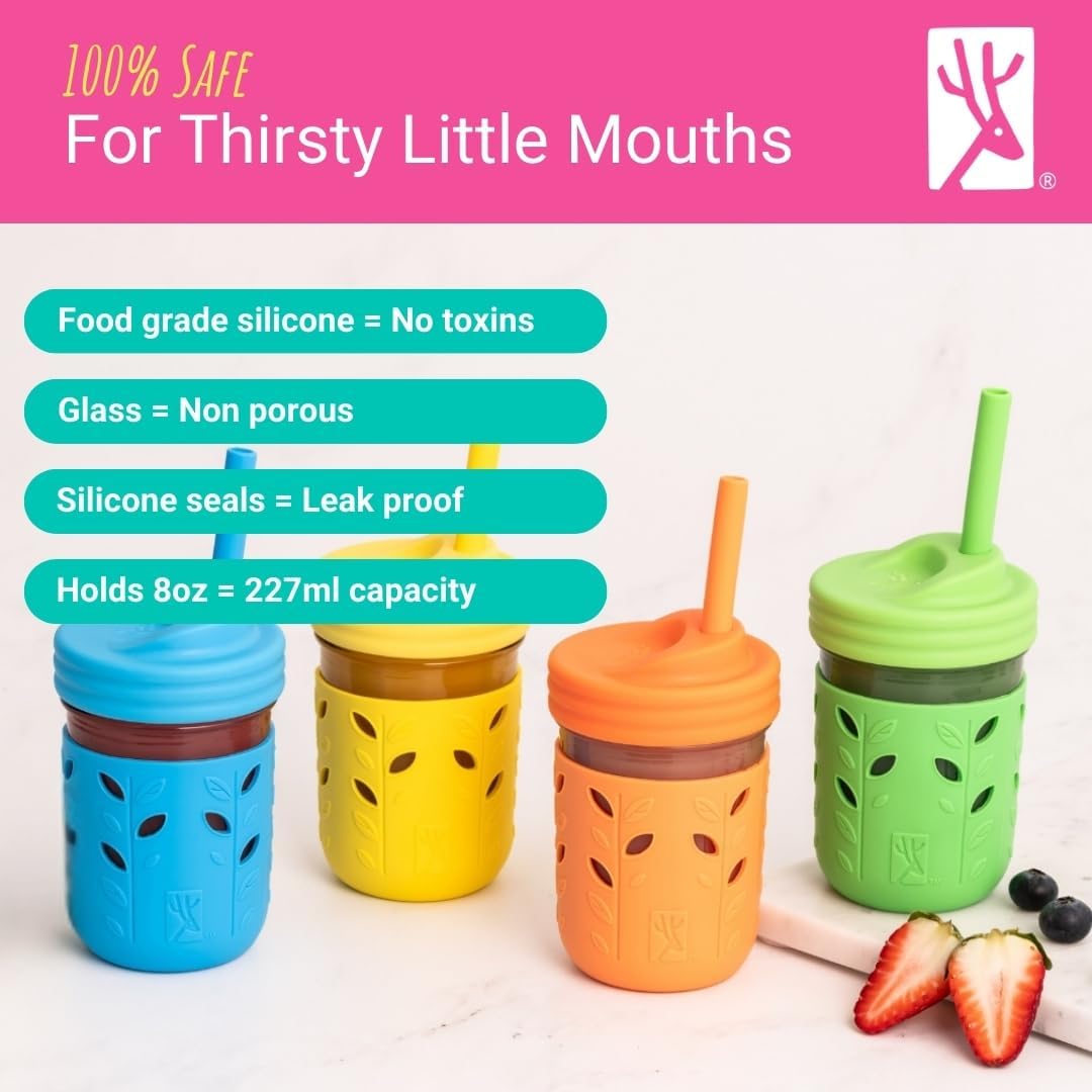 Elk and Friends Kids & Toddler Cups | The Original Glass Mason jars 8 oz with Silicone Sleeves &