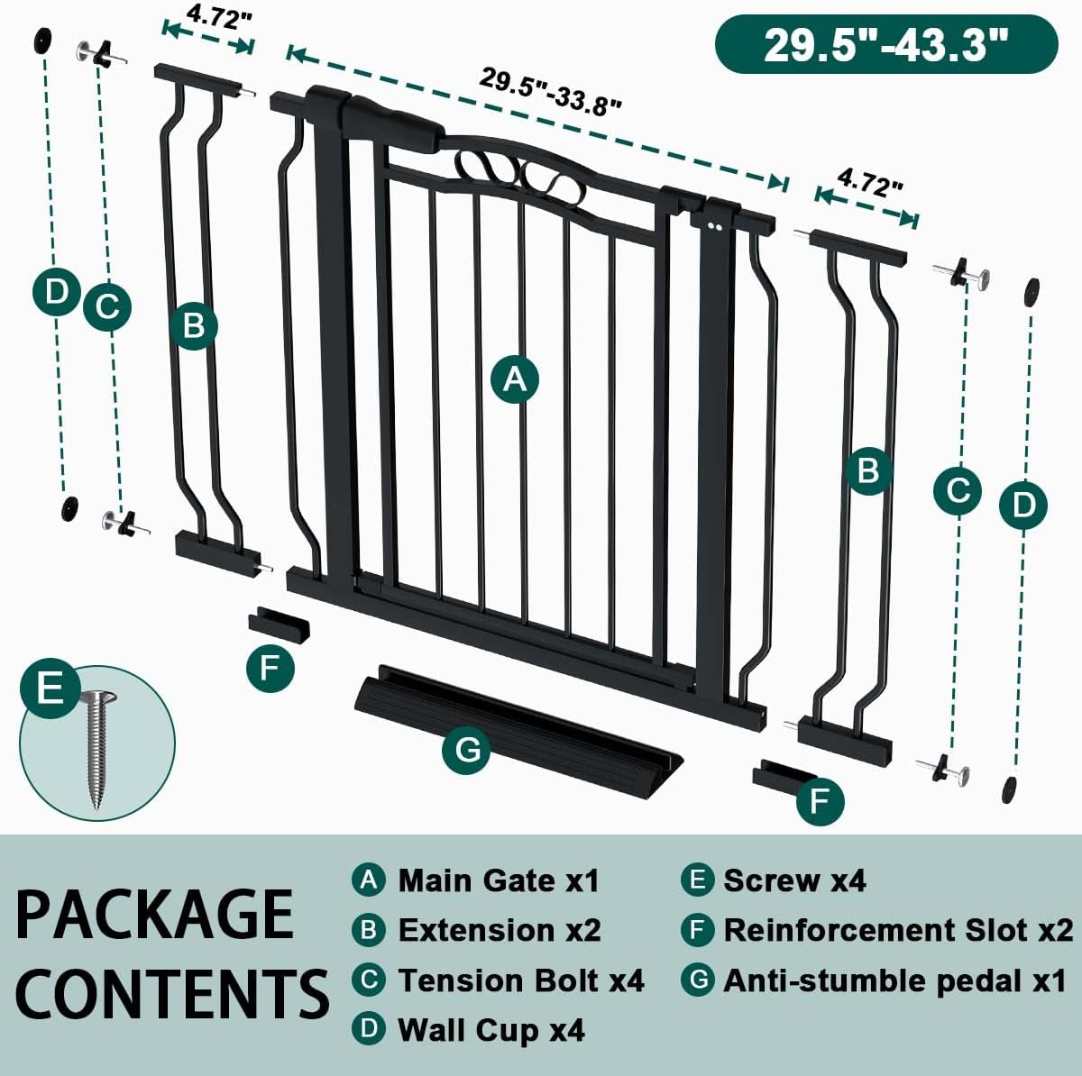 Fairy Baby 29.5"-43.7" Extra Wide Baby Gate for Dog, Pressure Mounted Pet Gate for Stairs &