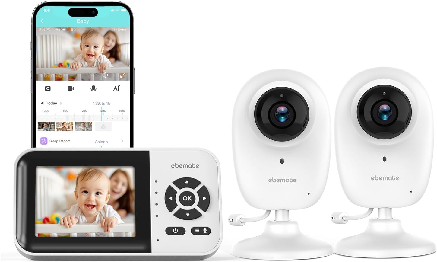 ebemate WiFi Video Baby Monitor with 2 Camera,2.8" Display with 1500Ft Long Range,WiFi On/Off,1080P