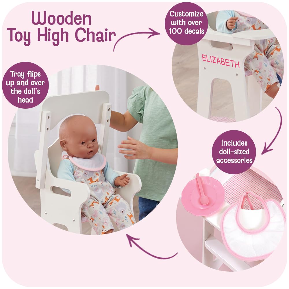 Badger Basket Wooden Baby Doll High Chair with Tray & Bib - White/Pink