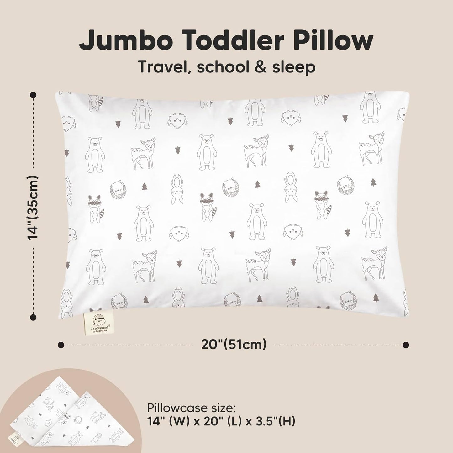 KeaBabies Toddler Pillow with Pillowcase, Jumbo 14X20 - Soft Organic Cotton Toddler Pillows for