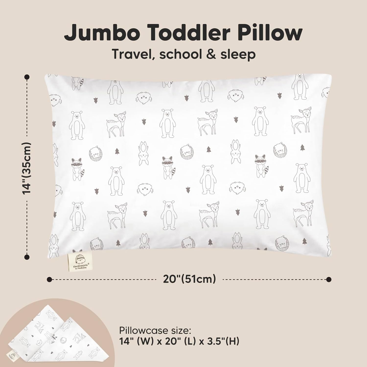 KeaBabies Toddler Pillow with Pillowcase, Jumbo 14X20 - Soft Organic Cotton Toddler Pillows for