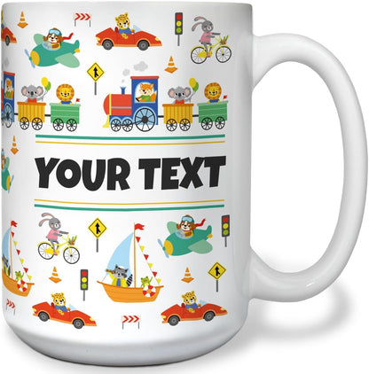 Personalized Mug for Kids - Vehicles - Custom Name/Text, Ceramic Hot Chocolate/Cocoa/Coffee Cup for