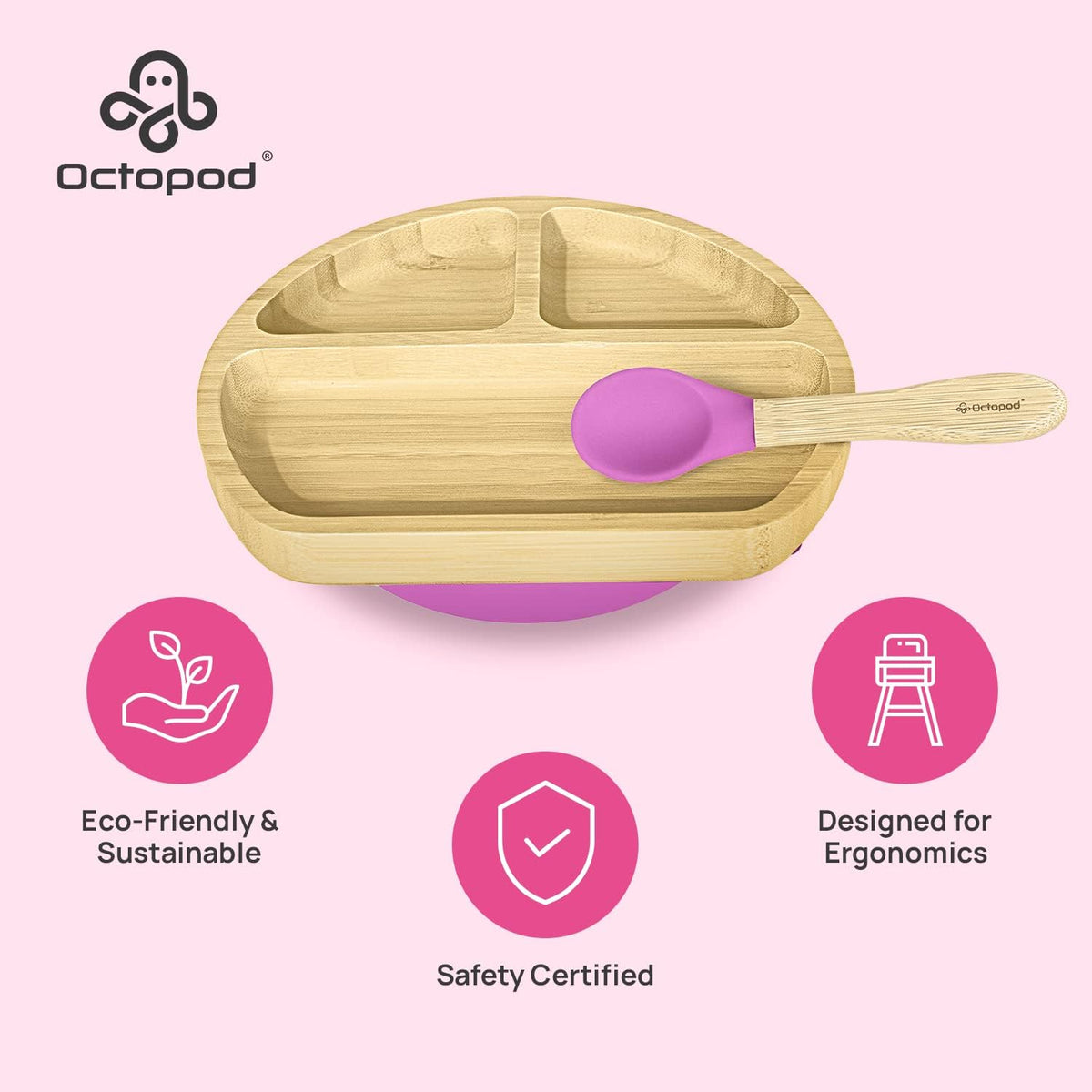 Abiie Octopod Bamboo Dish - Kids Plates for 4 months and up, 3-Compartment Baby Plates with