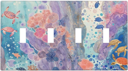 Turtle Coral Fish Watercolor Colorful Underwater World Light Switch Covers Quad Toggle Electrical