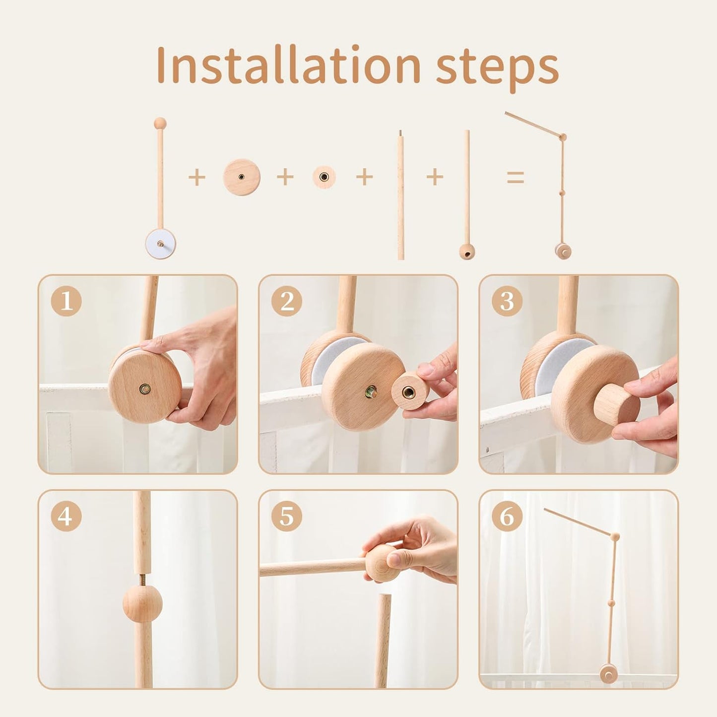 Baby Crib Mobile Arm Wooden Holder 30 inch Beech Hangers with Rotating Music Box Nursery Decor