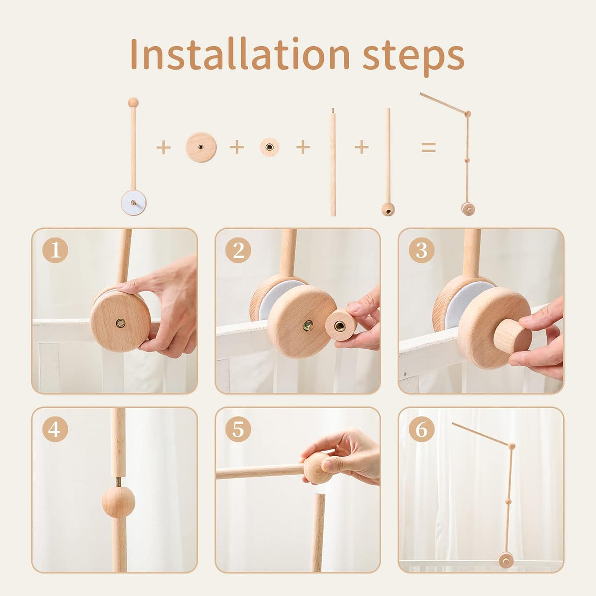 Baby Crib Mobile Arm Wooden Holder 30 inch Beech Hangers with Rotating Music Box Nursery Decor
