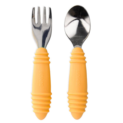 Bumkins Toddler Utensils, Kids Size Fork and Spoon Set, Silicone and Stainless-Steel Training