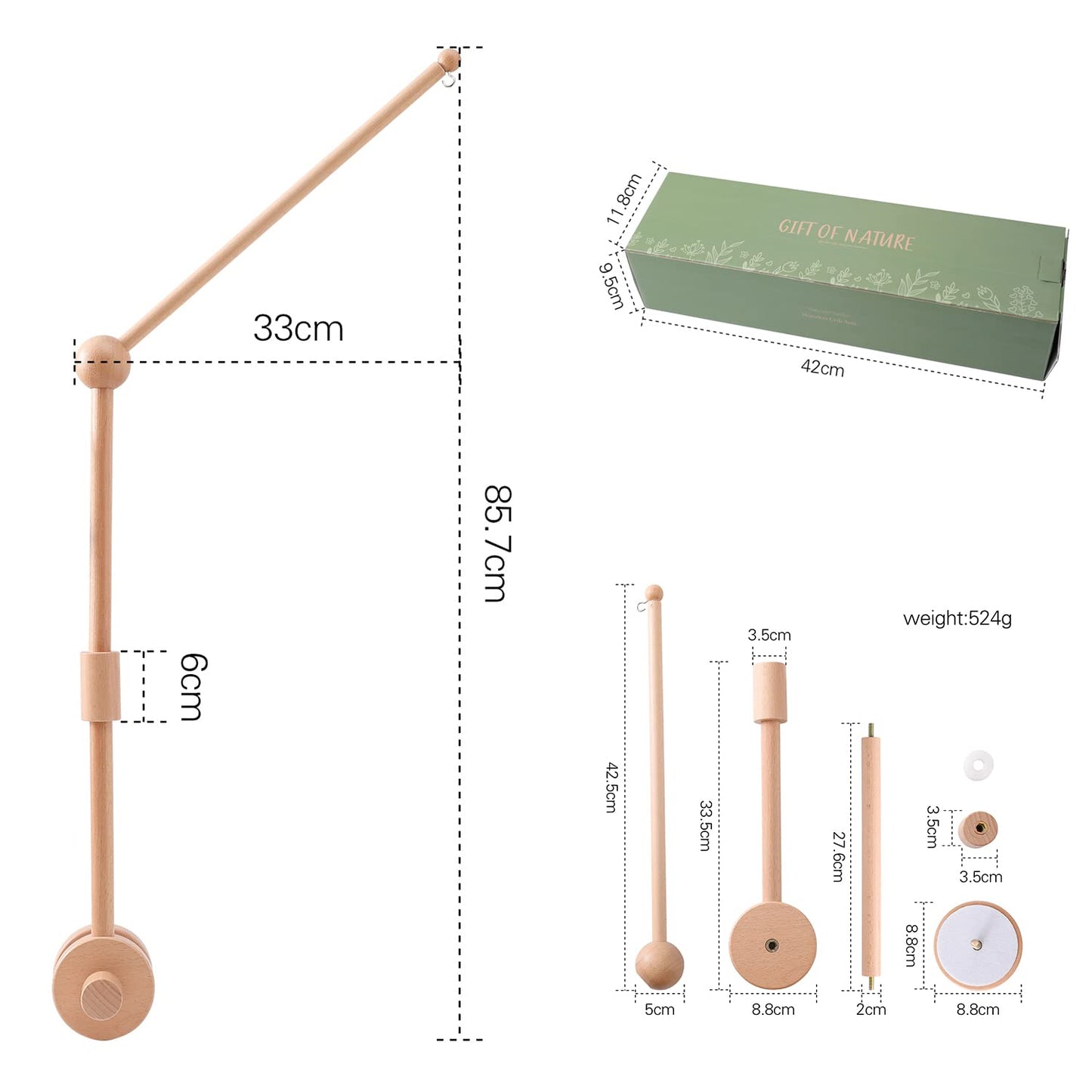 Baby Crib Mobile Arm - Wooden Baby Mobile Crib Holder 31 inch for Mobile Hanging Baby Crib