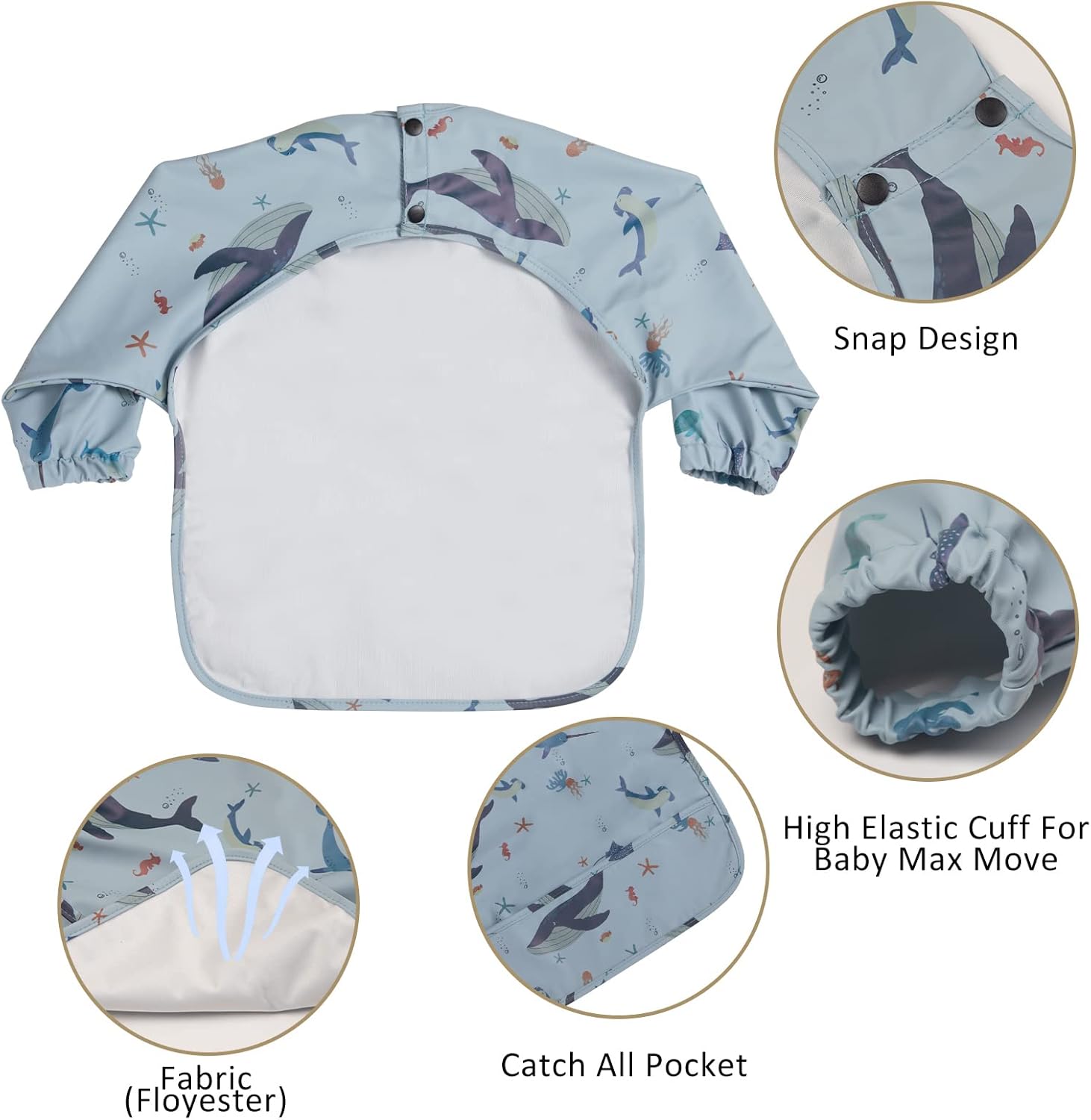Long Sleeve Baby Bibs for Toddlers, Waterproof, Boys Girls Smock with Food Catcher Pocket for
