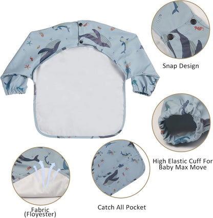 Long Sleeve Baby Bibs for Toddlers, Waterproof, Boys Girls Smock with Food Catcher Pocket for