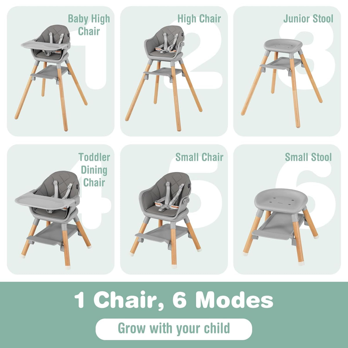 BABY JOY Baby High Chair, 6 in 1 Convertible Wooden Highchair for Babies & Toddlers with Adjustable